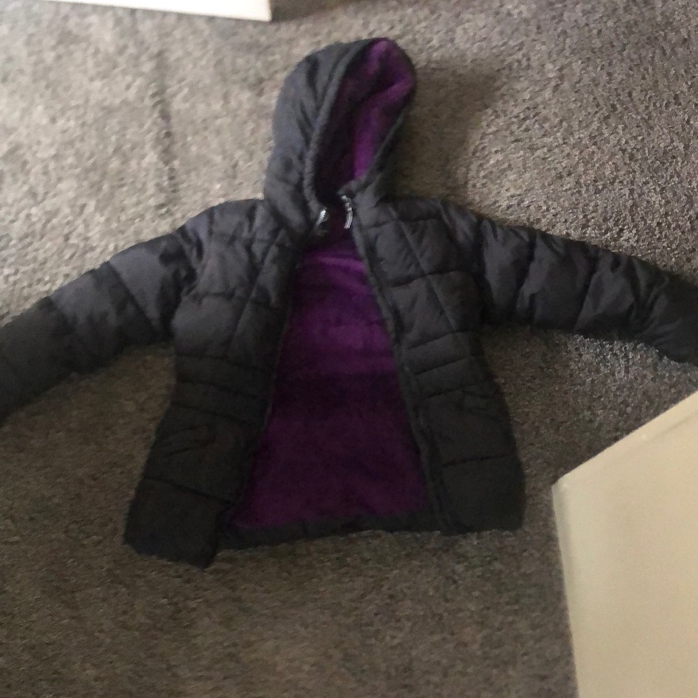 Girls black and purple winter puffer coat